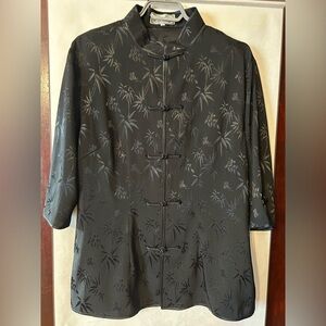 Chinese Black Floral Women's Blouse, 100% Silk, XL